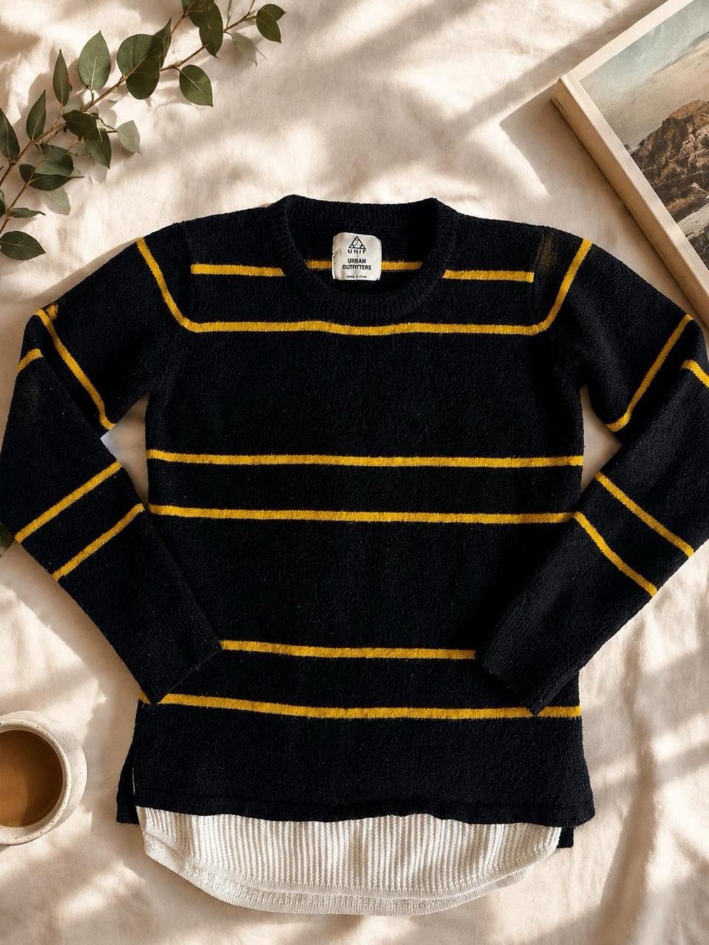 UNIF Black Sweater with Yellow Stripes